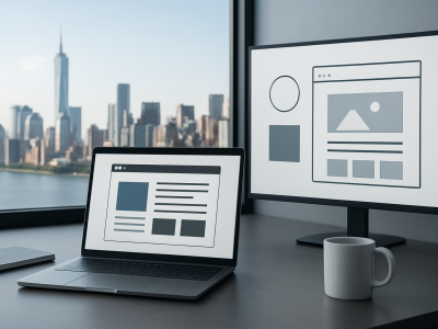 A laptop and a monitor displaying abstract website design mockups with a city skyline in the background.