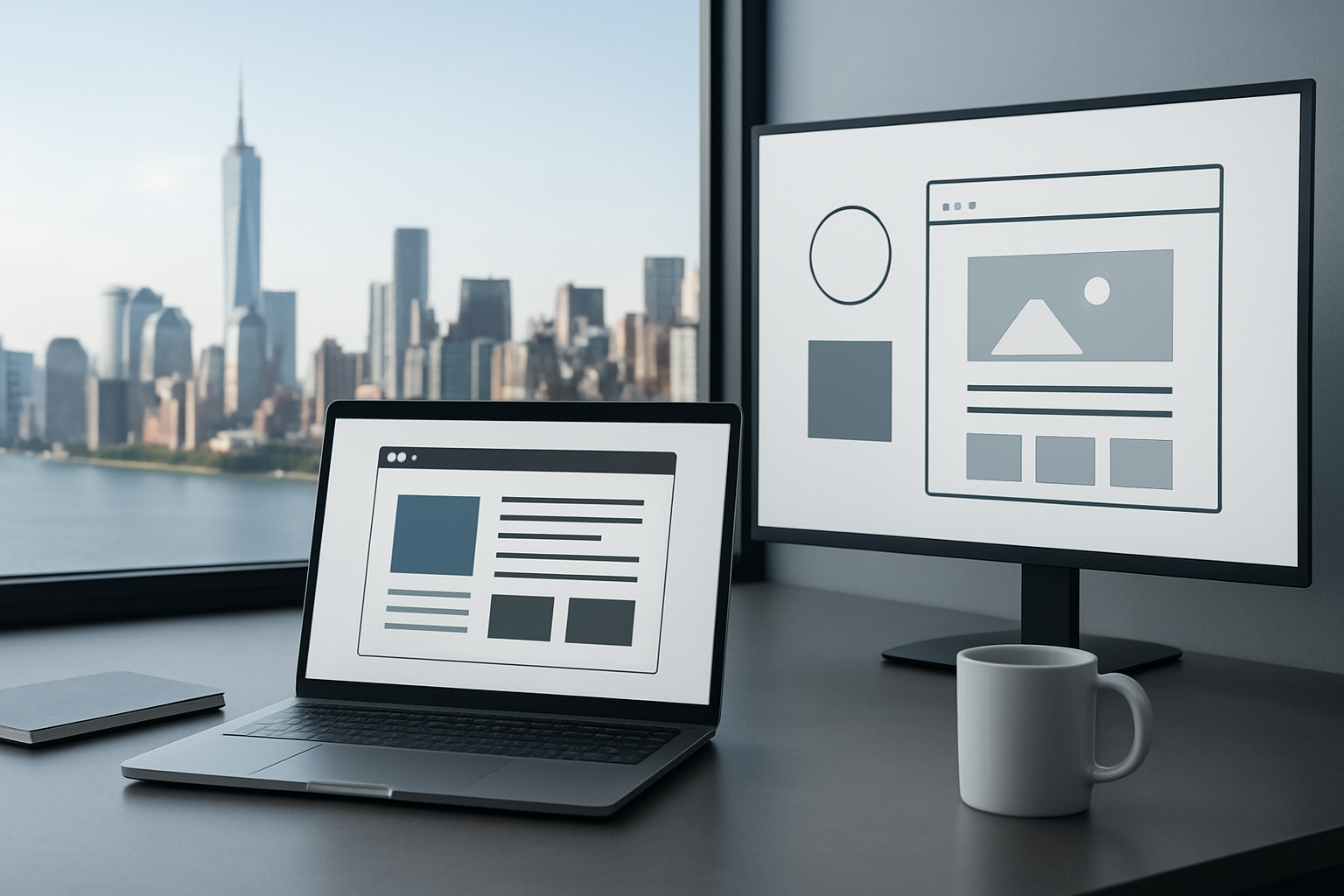 A laptop and a monitor displaying abstract website design mockups with a city skyline in the background.